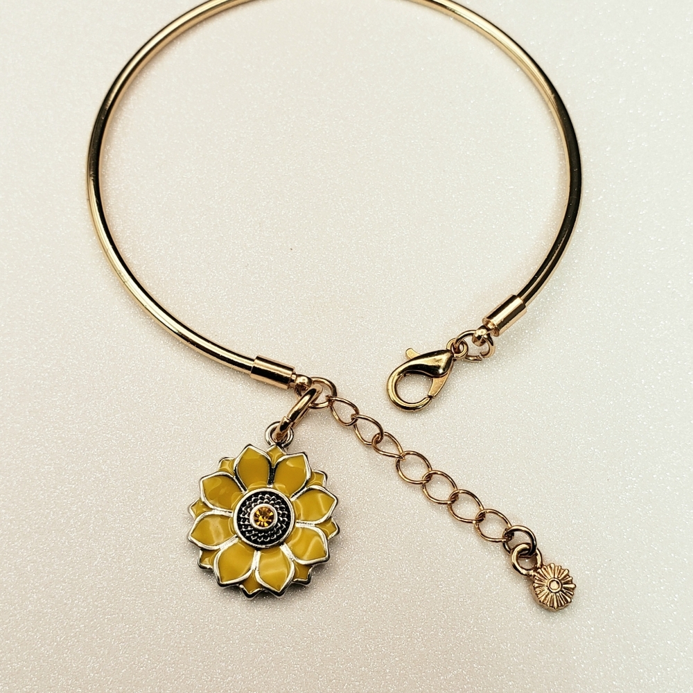 Sunflower Rhinestone Charm Bangle Bracelet Cuff Adjustable - Picture 2 of 10